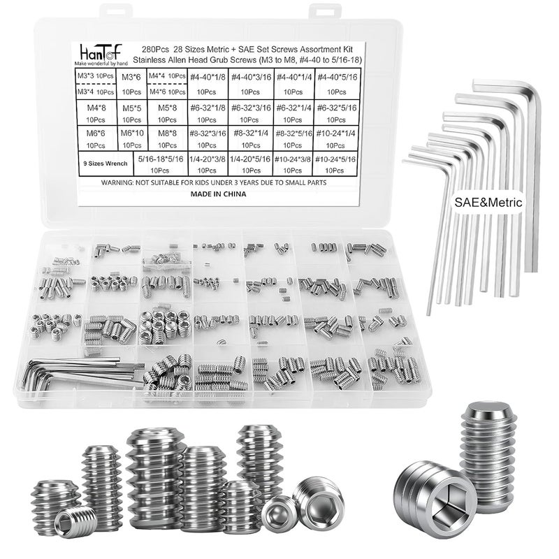 HanTof 280 Pcs 28 Sizes Set Screw Assortment Kit, Metric & SAE Allen Grub Screws for Bathroom Fixture 304 Stainless Steel Internal Hex Drive Cup-Point for Door Knob, Faucets (M3-M8, #4-40 to 5/16"-18) - Image 1
